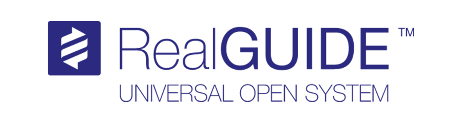 RealGUIDE Universal Open System Logo The official logo for RealGUIDE Universal Open System, featuring the brand name and a stylized geometric emblem in blue. This logo represents the dental navigation and surgical guide system.